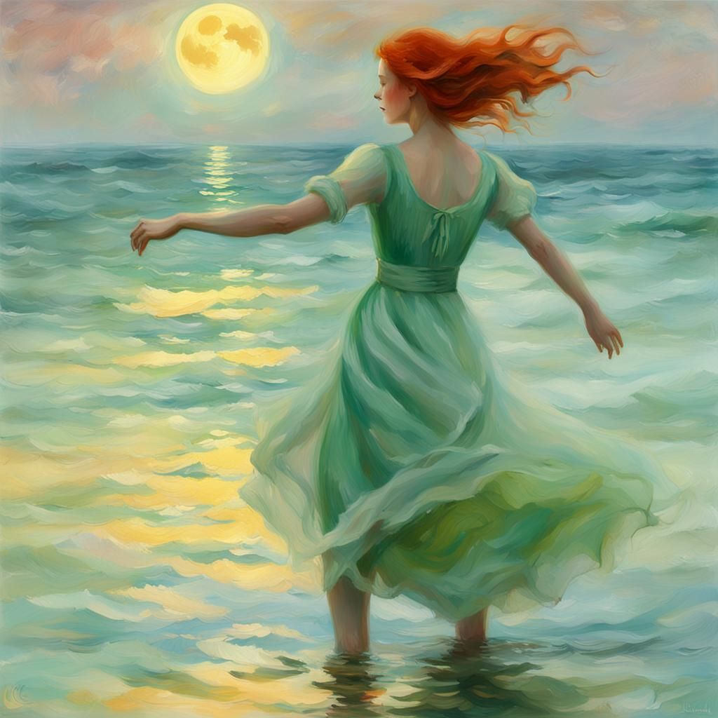 Ethereal Dance by the Golden Sea in Soft Impressionist Style