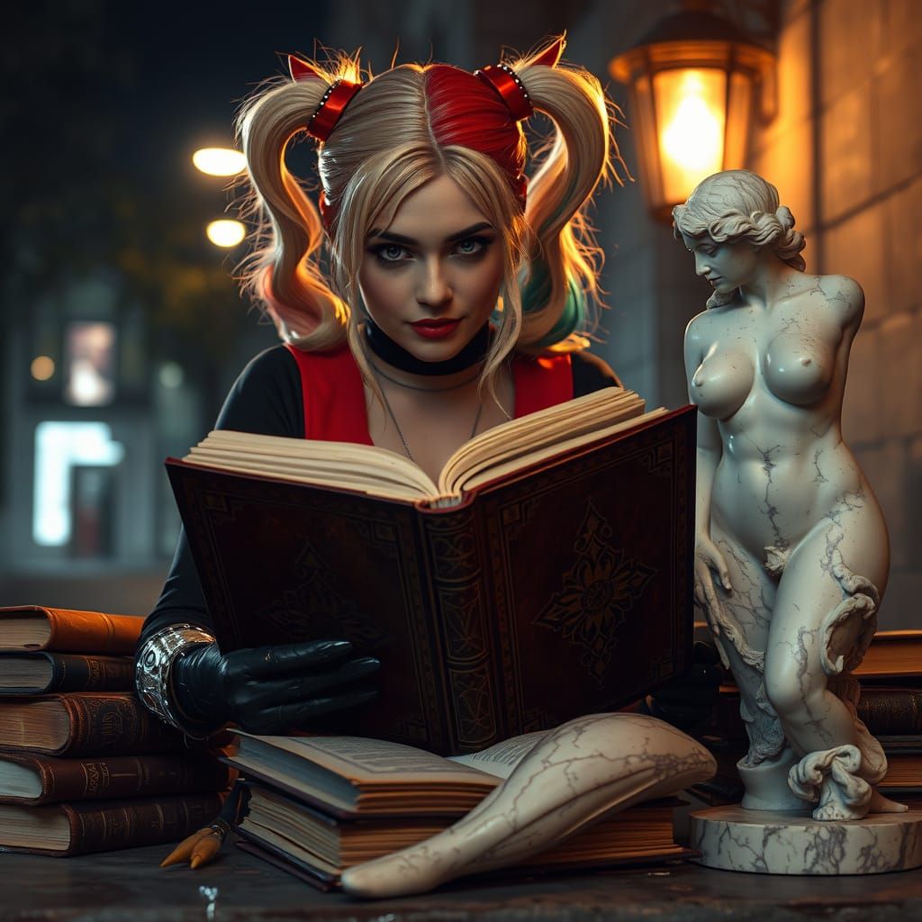 Harley Quinn Studies Under Street Light in Surreal Futurism