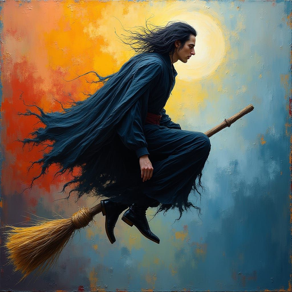 Snape on Broomstick in Expressive Impasto Style