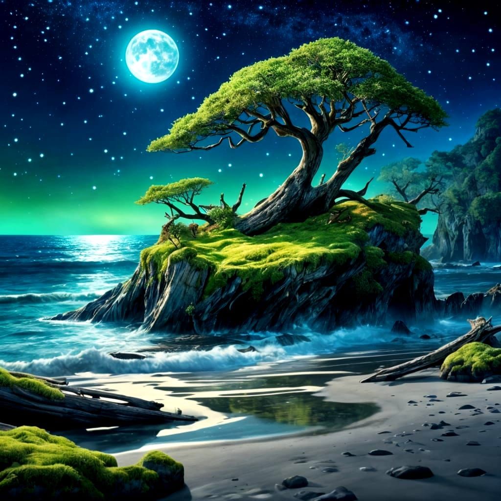 Moonlit Beach with Driftwood and Shimmering Surf