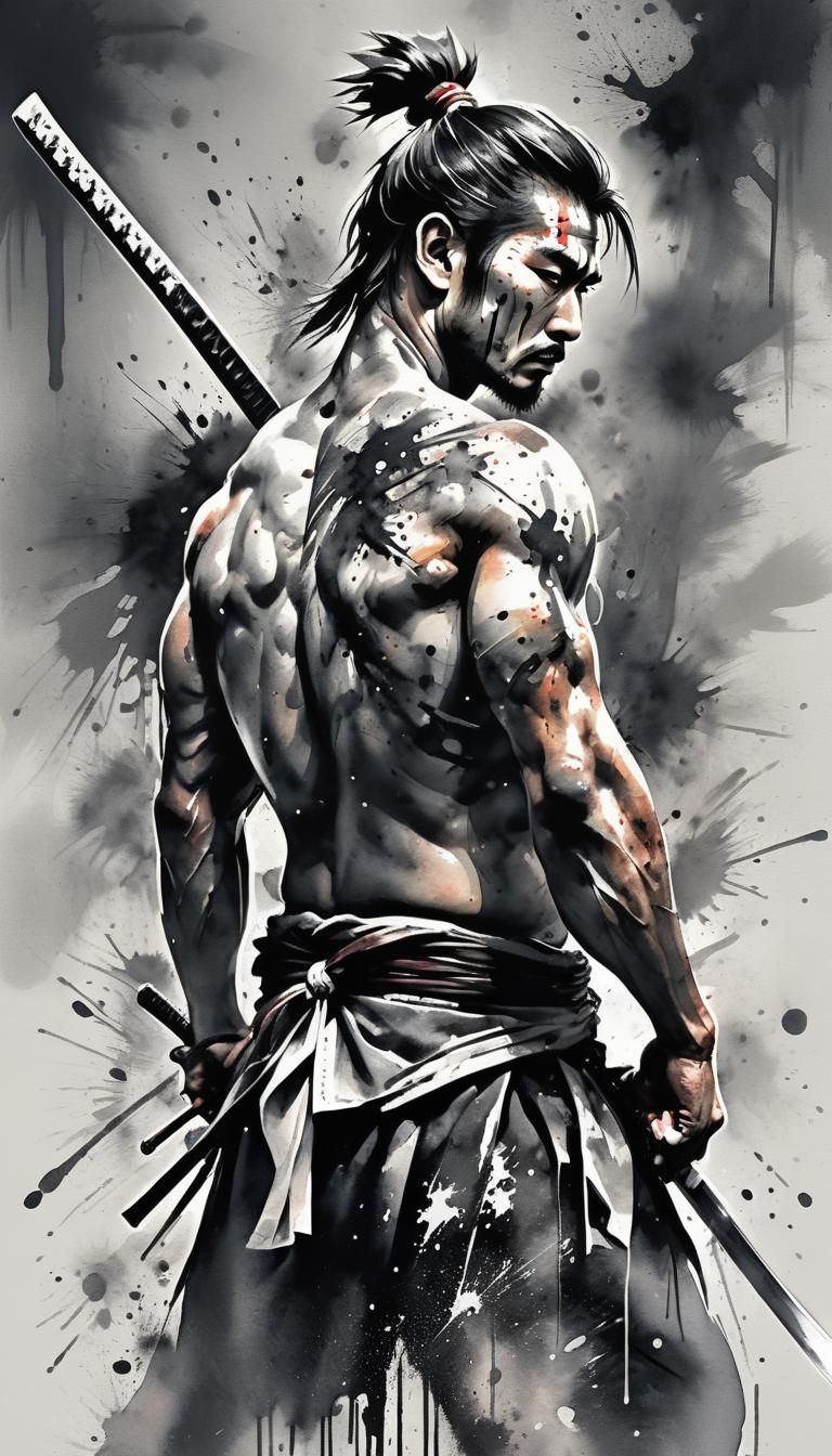 Samurai Warrior with Katana in Watercolor Art