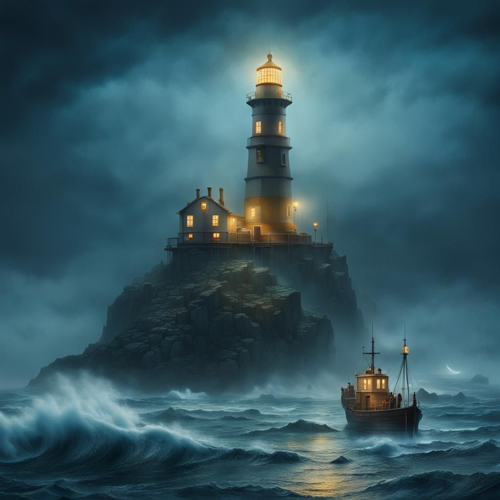 Golden Ships Fly Over Lighthouse: Hyperrealistic Fantasy