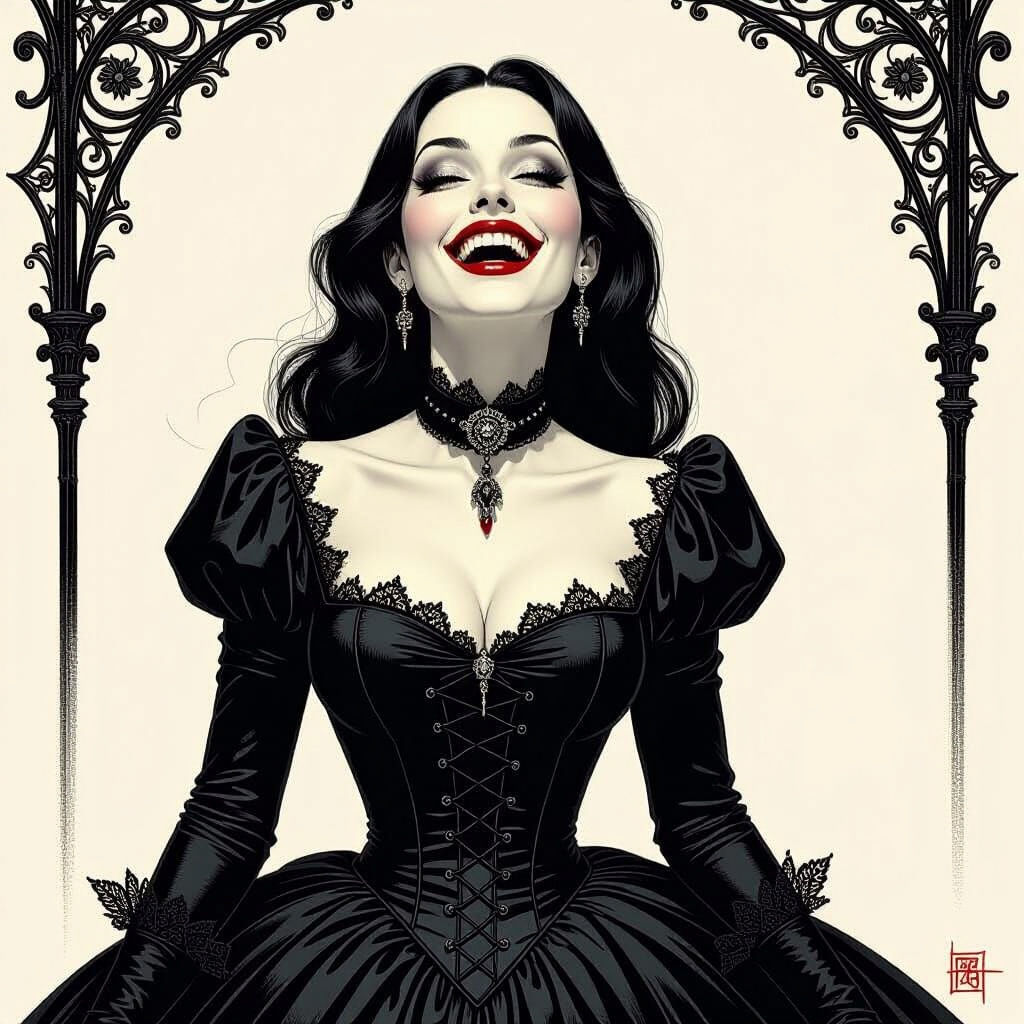 Beautiful Vampire Woman Exposing Fangs