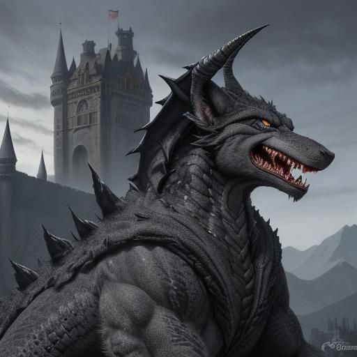Black and Grey furry dragon with The vicious snarling head o...