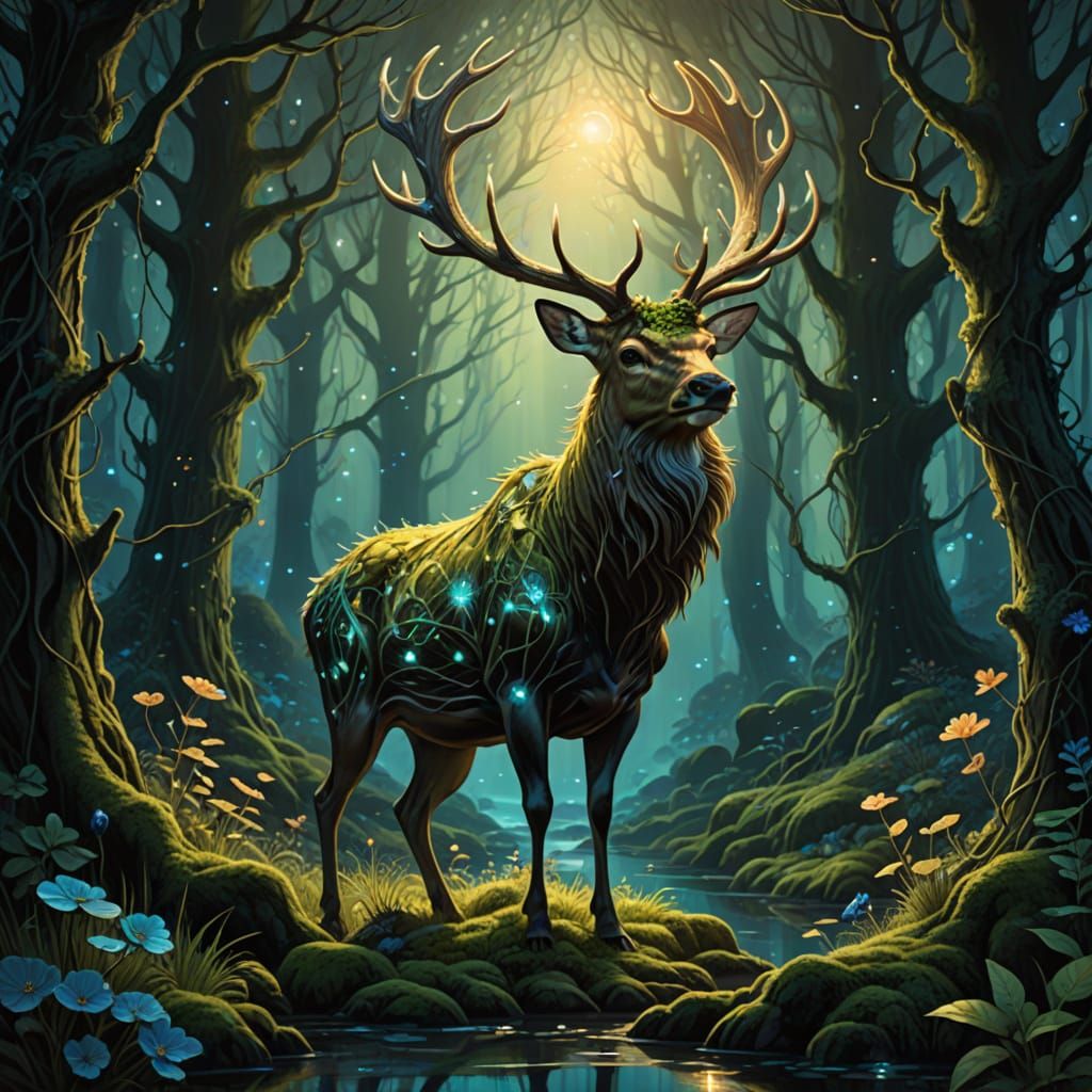 Majestic Stag in Enchanted Forest Digital Painting