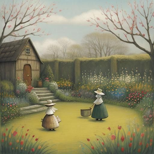 Whimsical Spring Garden Painting