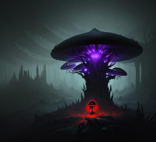 Haunted Cap Fungus in Eerie Mist: Detailed Matte Painting