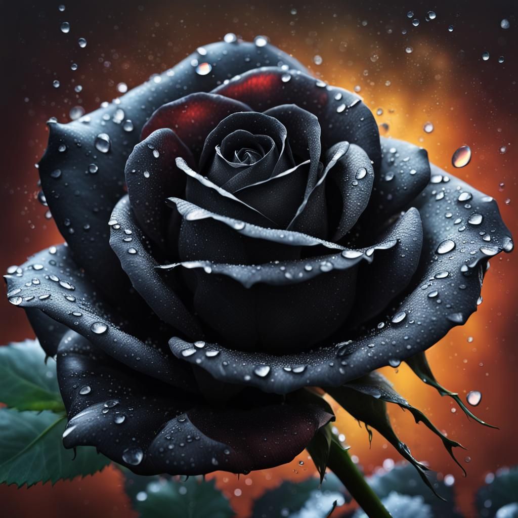 Hyperrealistic Black Rose with Dew Drops