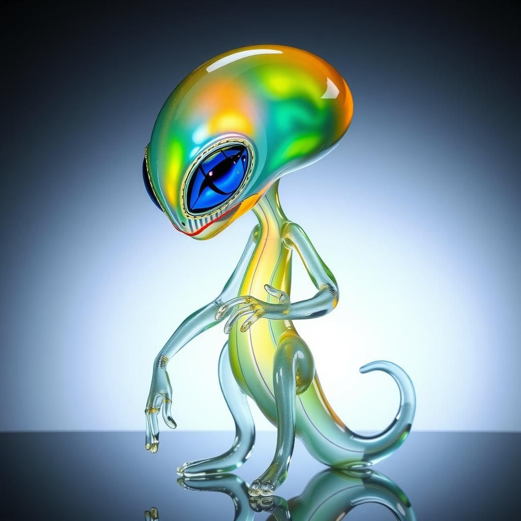 "A whimsical full body alien character sculpted in glass is ...