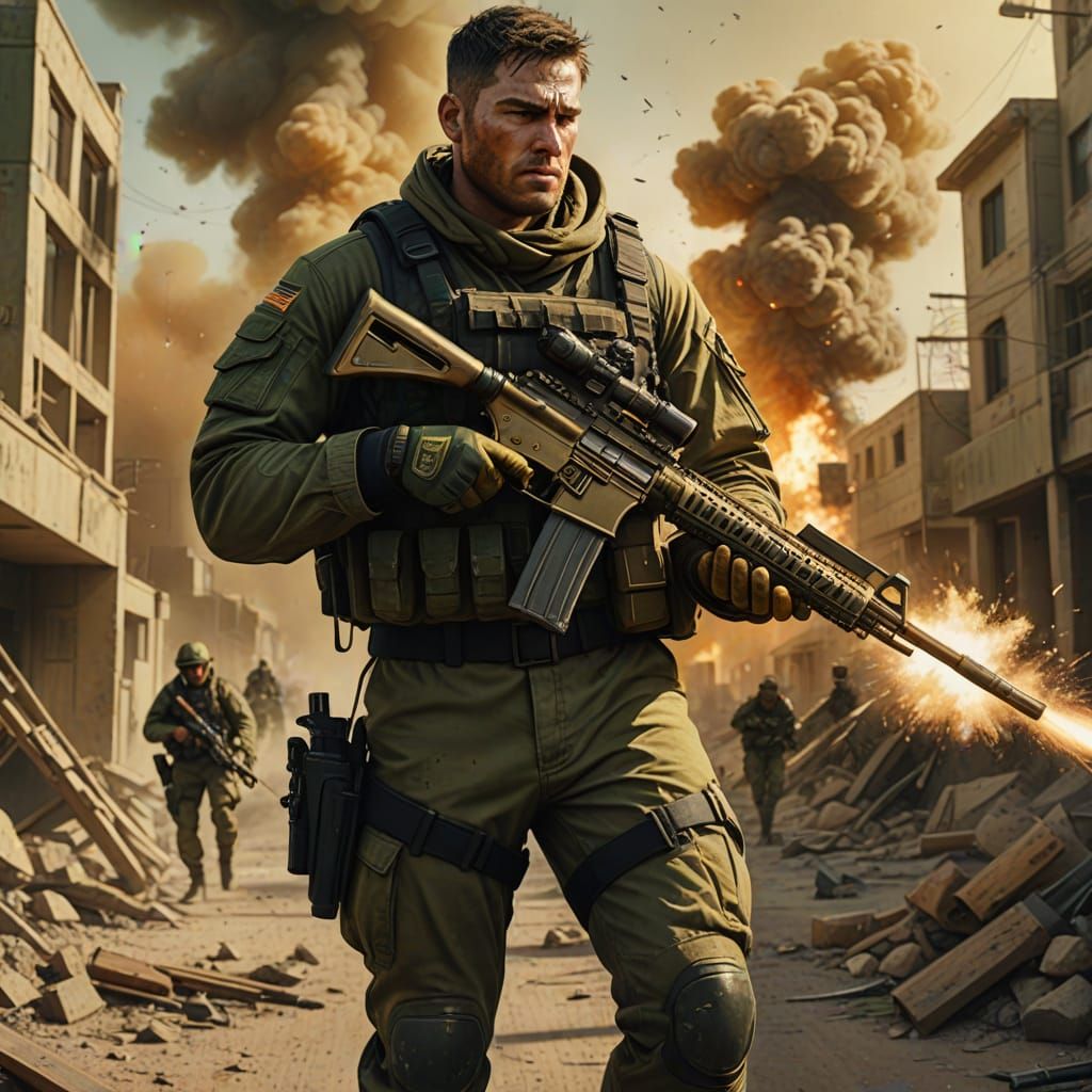 Burly Soldier Aims Rifle in Golden Hour Light