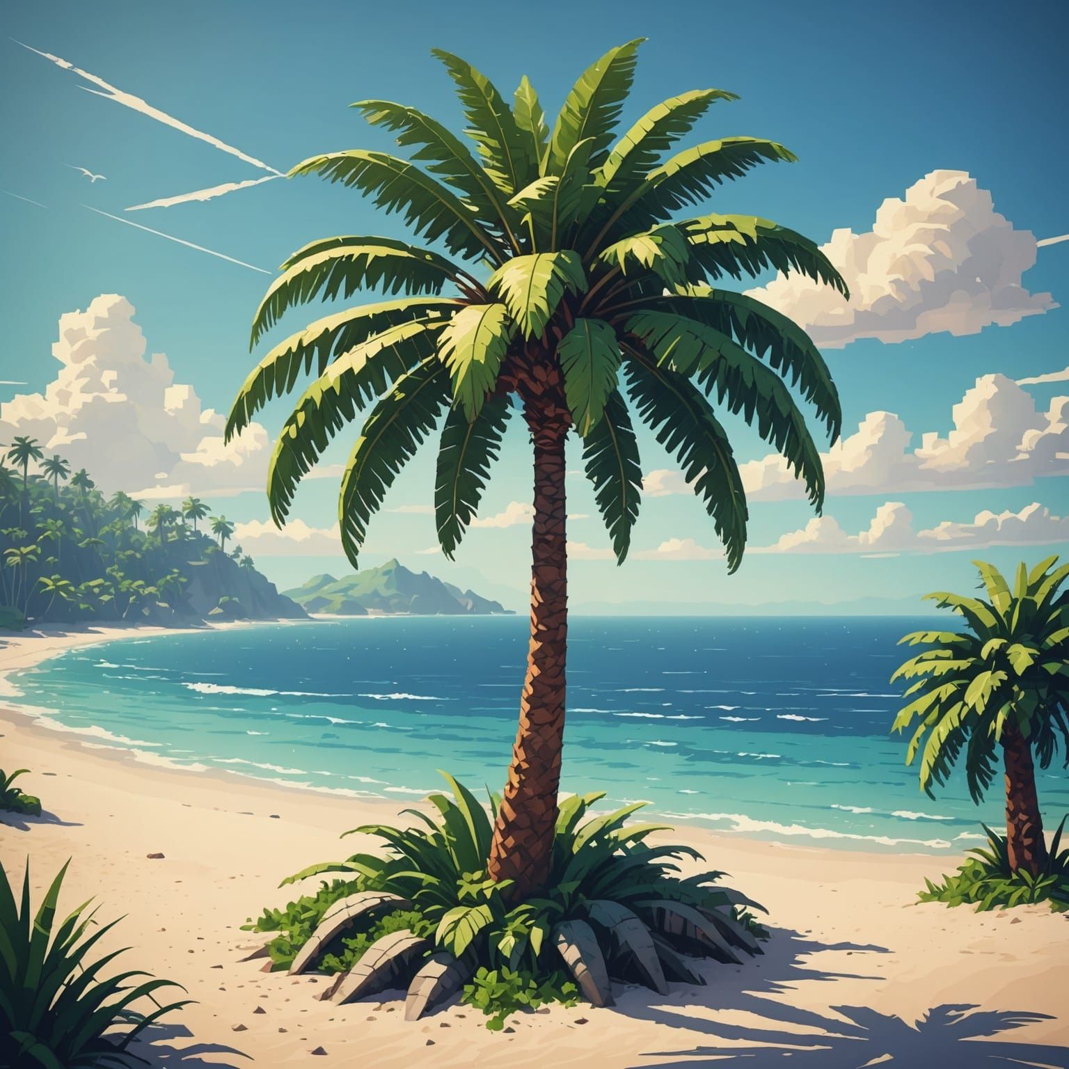Pixelated Palm Tree on a Retro Game Beach