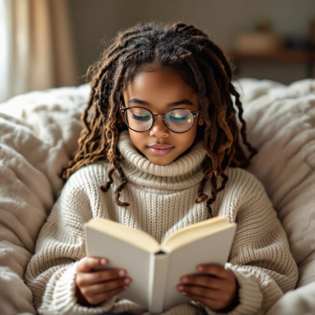 Girl with Locs Reading a Book in Photorealistic Style