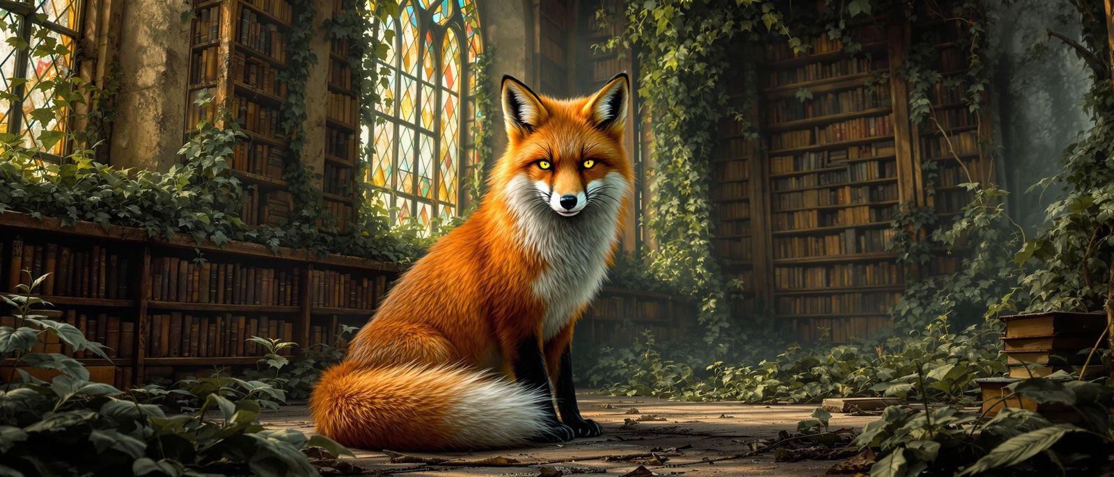 Realistic Fox Amidst Abandoned Library Ruins
