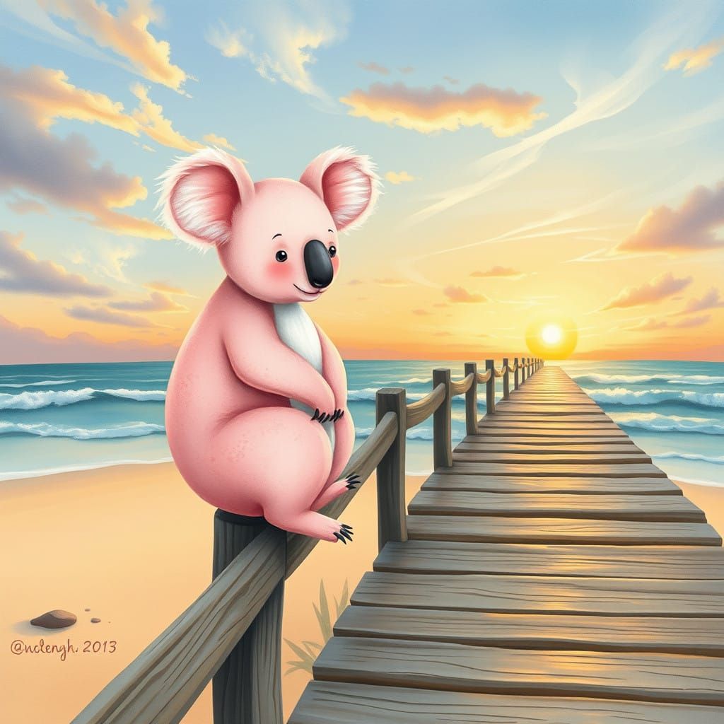 Whimsical Pink Kangaroo Koala at Sunset Beach