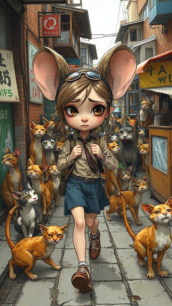 Whimsical Traveler Caricature in Crowded Alley