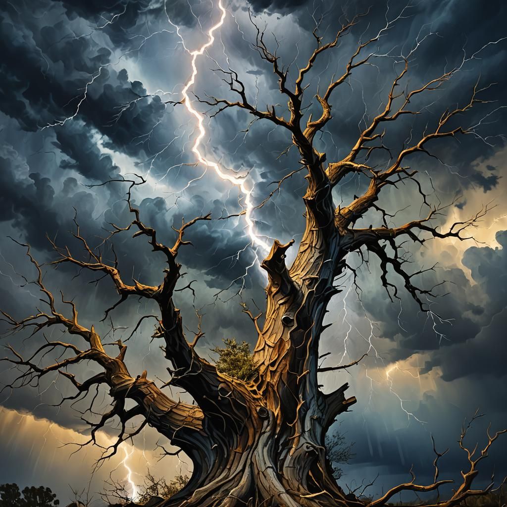 Ominous Lightning Strikes Tree: Moody Impasto Oil Painting