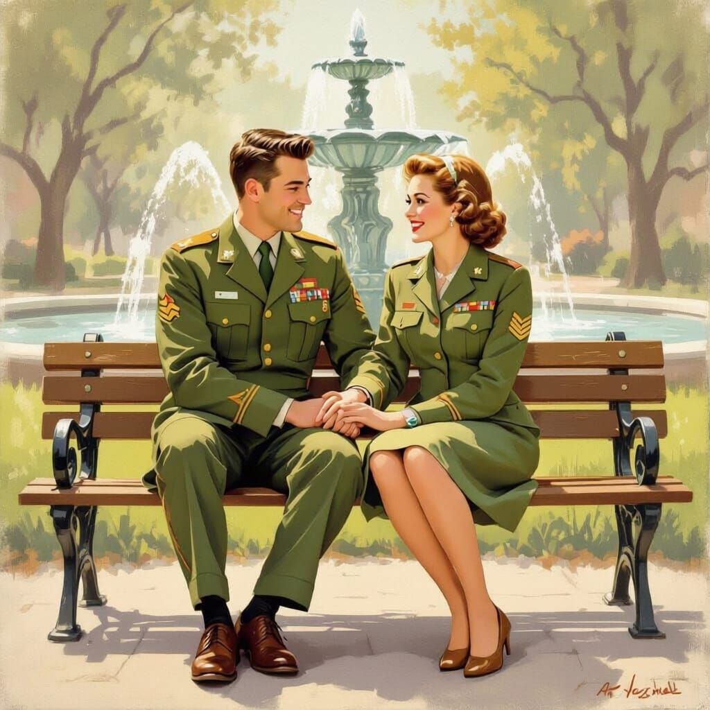 1950s Military Couple on Park Bench Painting