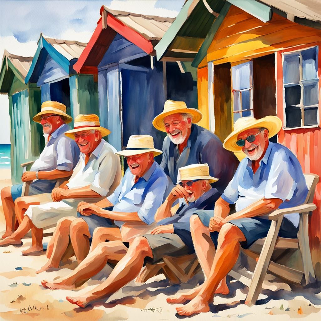 Laughing Gentlemen in Watercolor Gouache Beach Scene