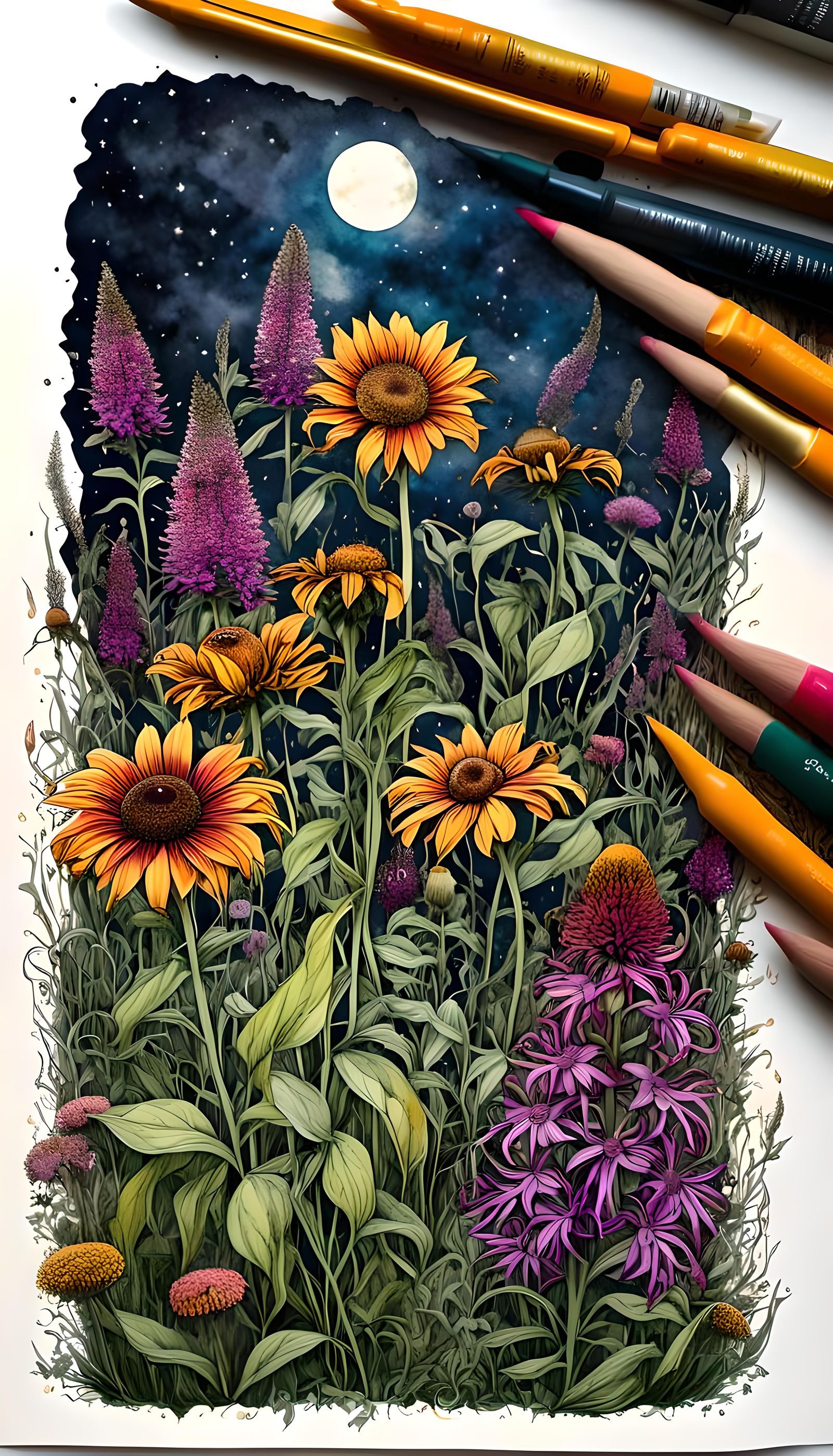 Moonlit Flower Garden in Vibrant Botanical Ink