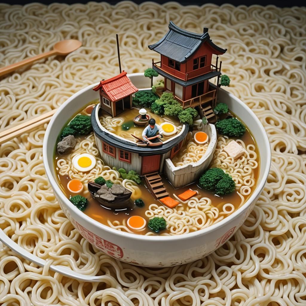 Surreal Ramen Noodle Boathouse Diorama