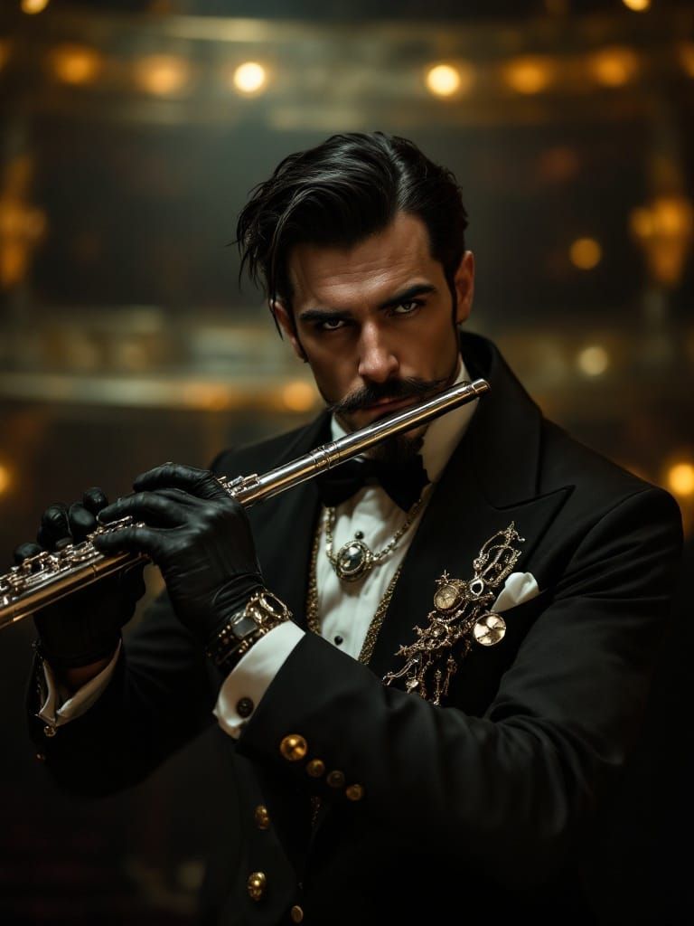 Steampunk Gentleman Plays Sterling Silver Flute under Golden...