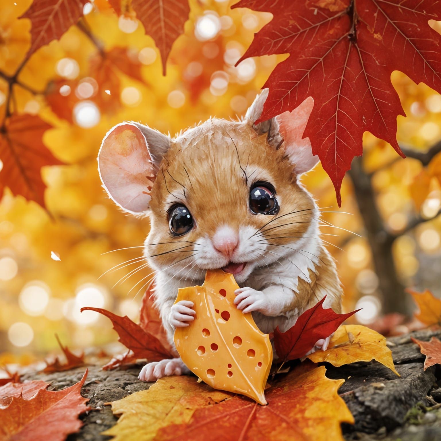 Chibi Mouse Enjoys Cheese Under Autumn Leaf
