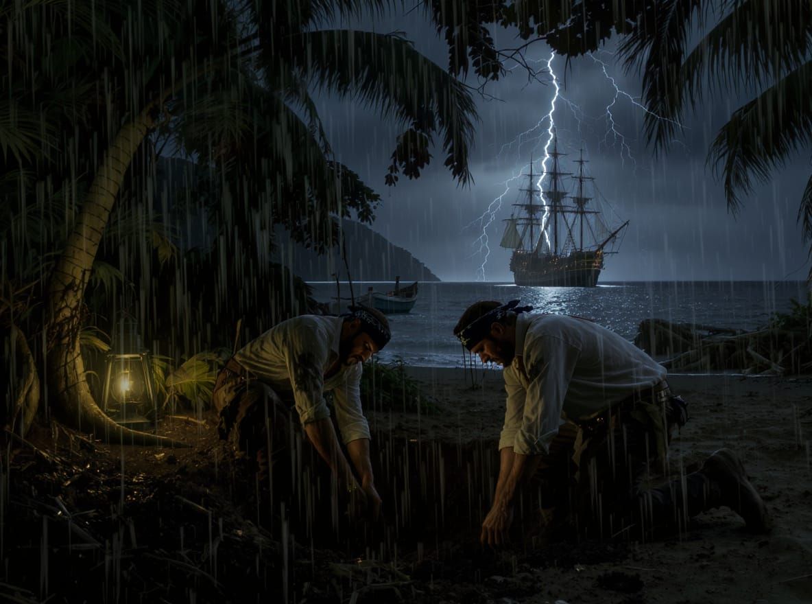 Pirates Digging for Treasure on Stormy Island Night