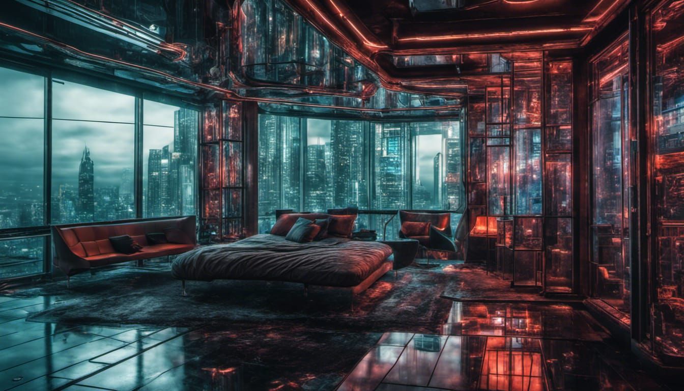 cyberpunk glass hotel room