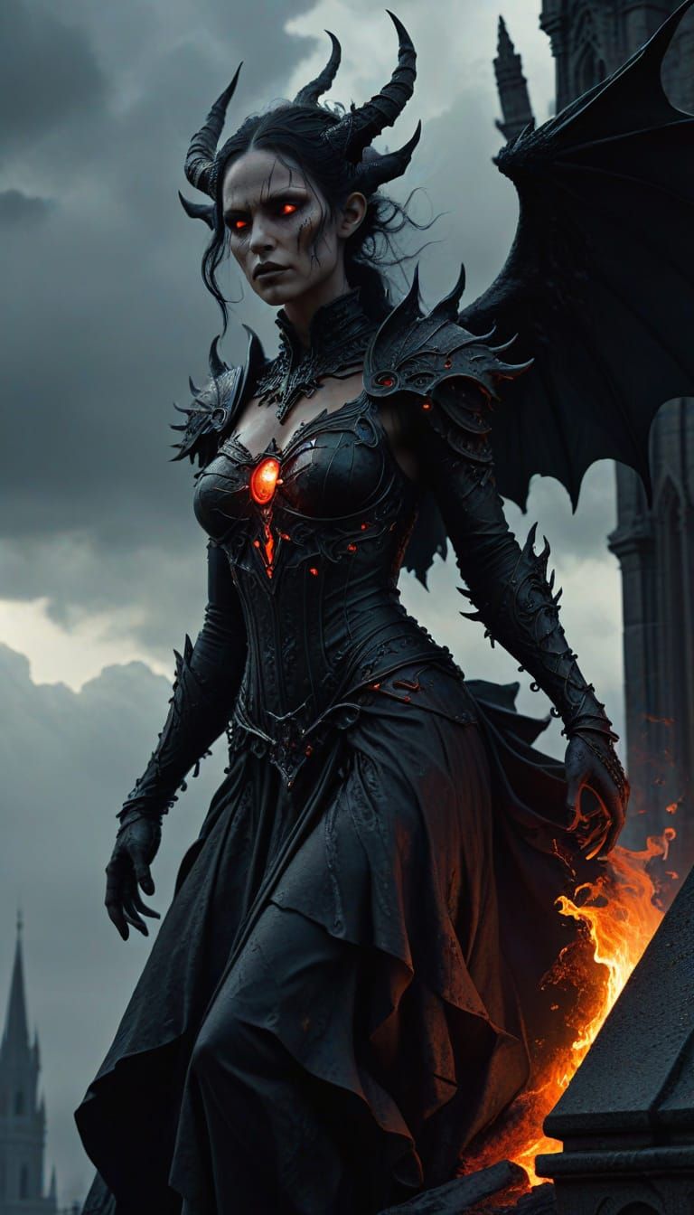 Incubus Overlooking Burning City in Dark Fantasy Art