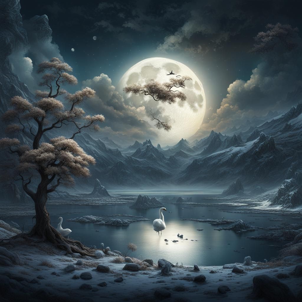 Epic Moon Swan Digital Matte Painting