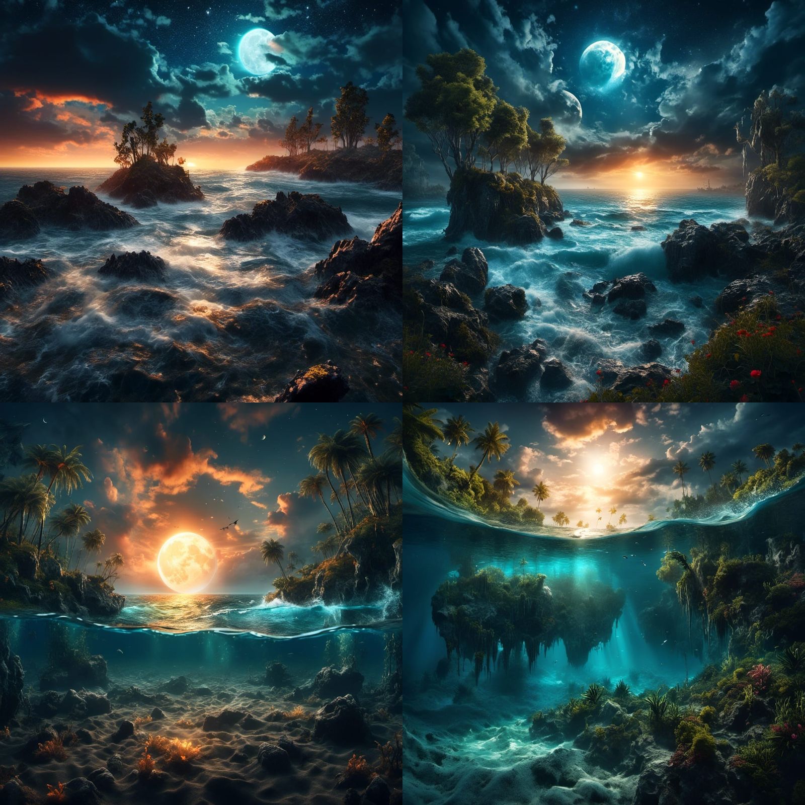 Surreal Ocean Landscape with Upside Down Trees