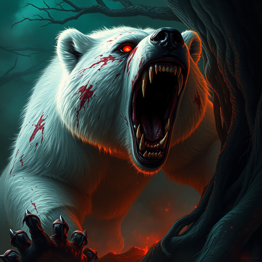 Fierce Crimson Bear Roaring in Dark Forest