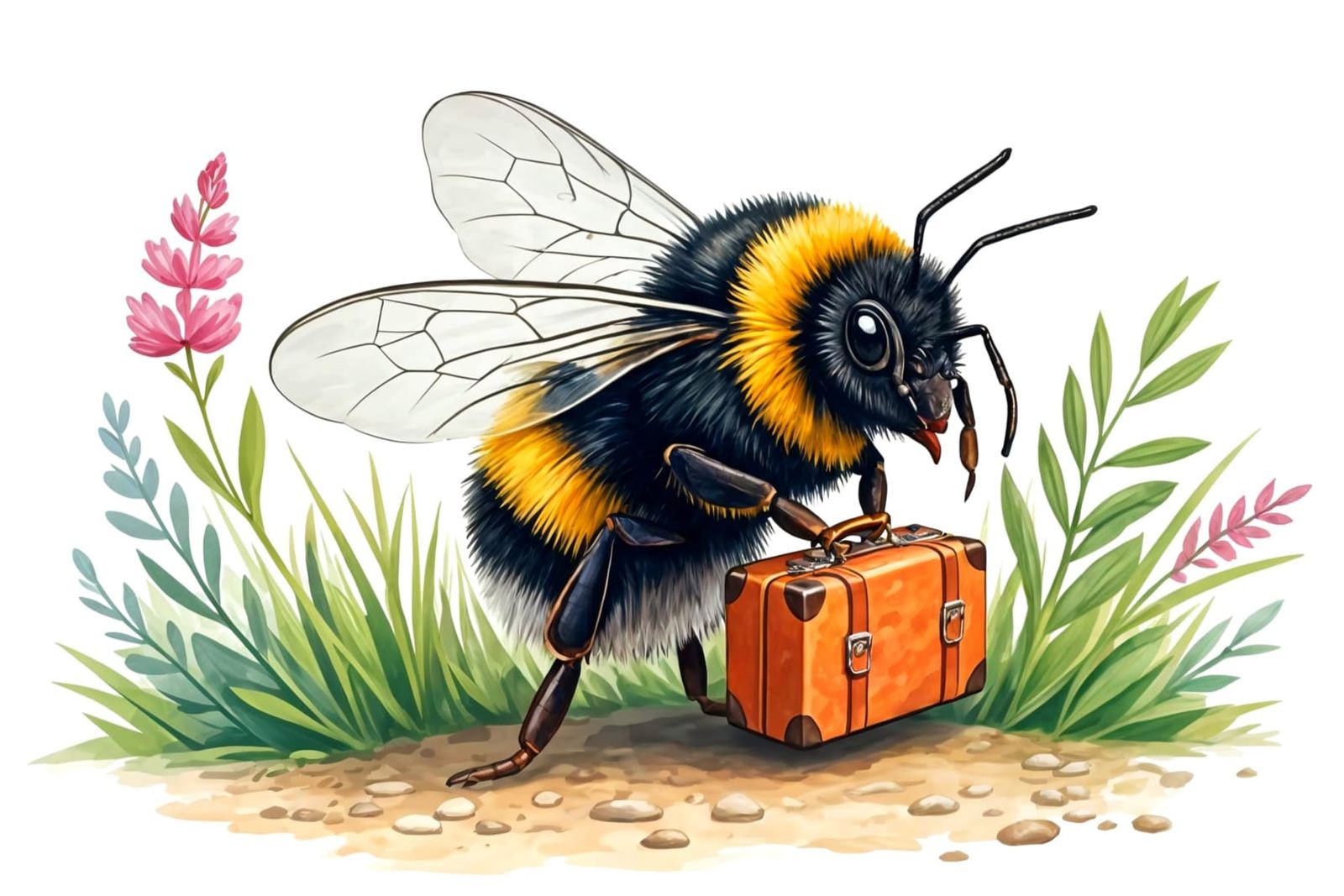 Bumblebee's Serene Garden Adventure in Watercolor Style