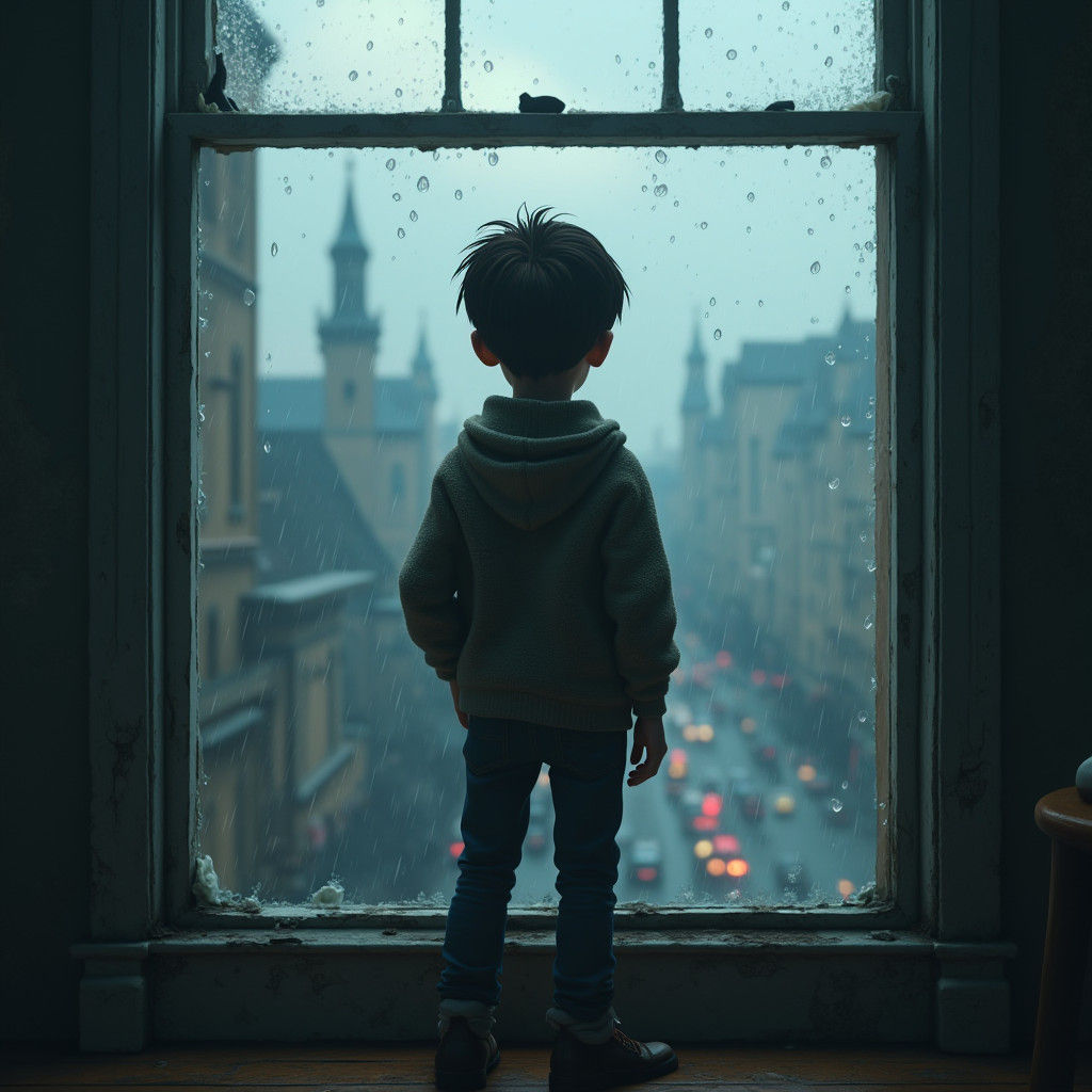 Boy at Rainy Window in Moody Sci-Fi Style