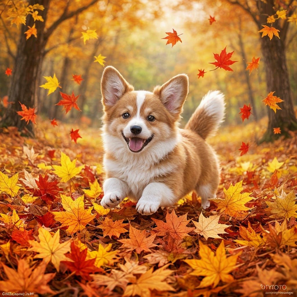 Corgi Puppy Leaping into Autumn Leaves