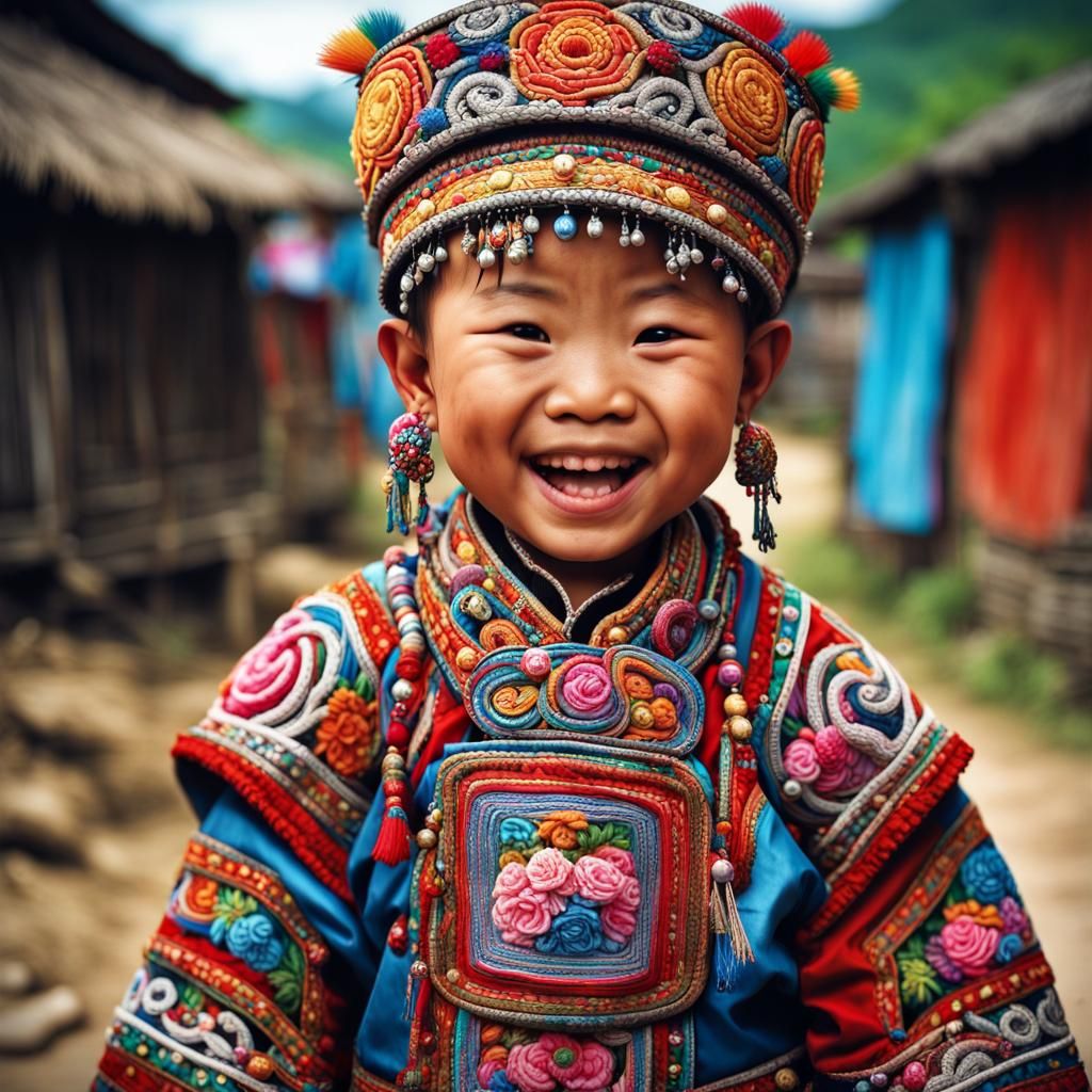 Miao Toddlers in Embroidered Clothing: Street Art