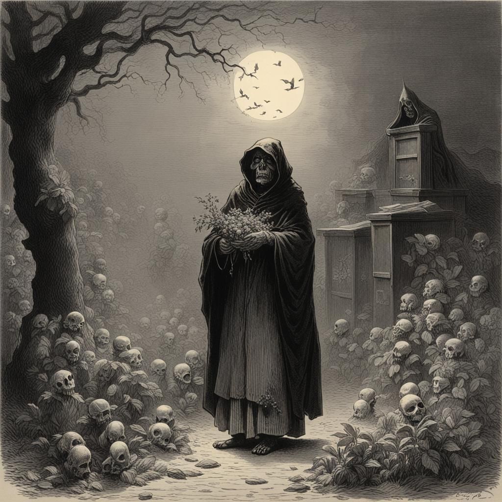 Haunting Hanako: Ghostly Figure in Doré Style