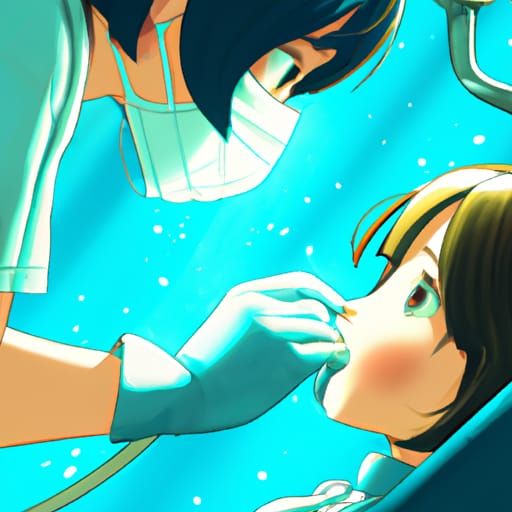 Female Dentist Examines Young Girl's Mouth in a Studio Ghibl...