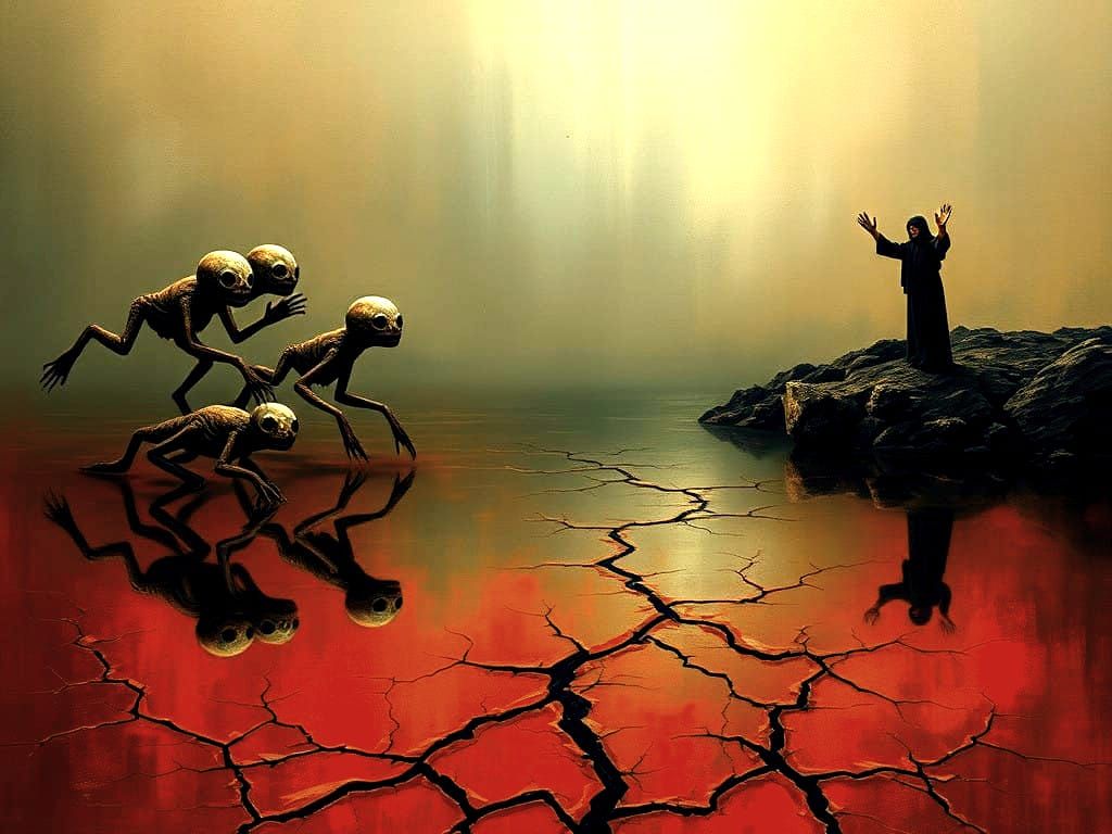 Surreal Oil Painting of Dark River Landscape with Humanoid C...