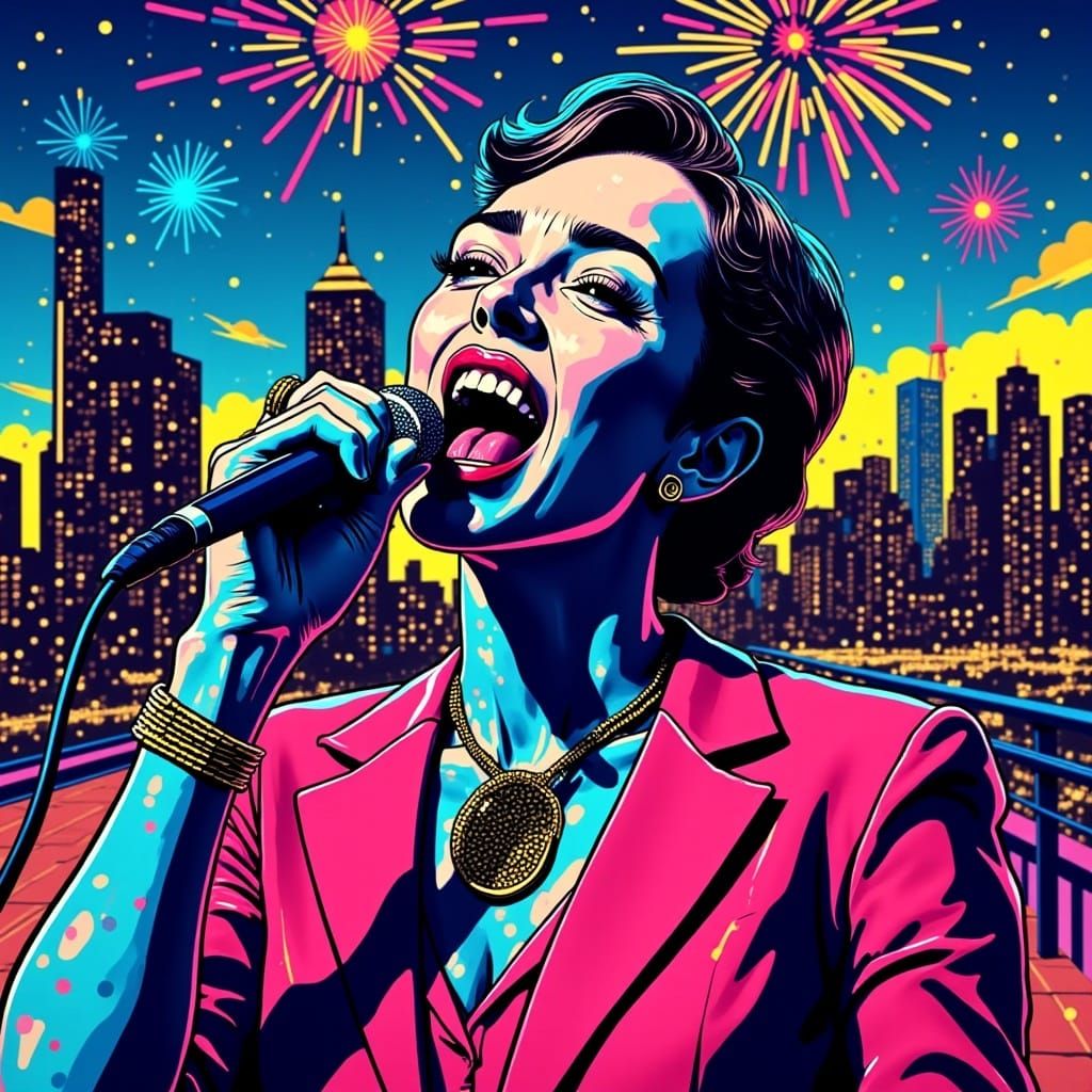 Singer on Rooftop Stage with Fireworks, in Pop Art Style