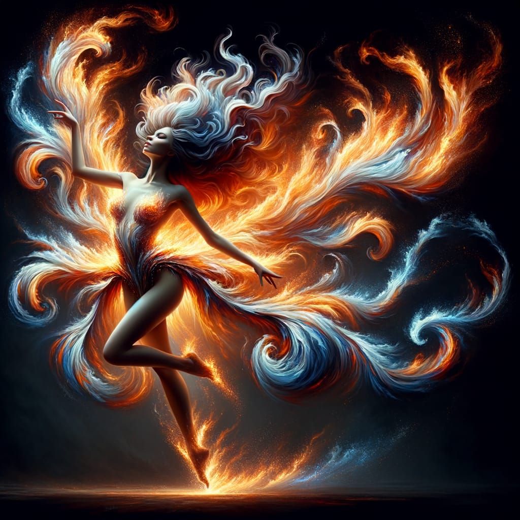 Fiery Woman in Mid-Action: A Spectacular Flame Painting