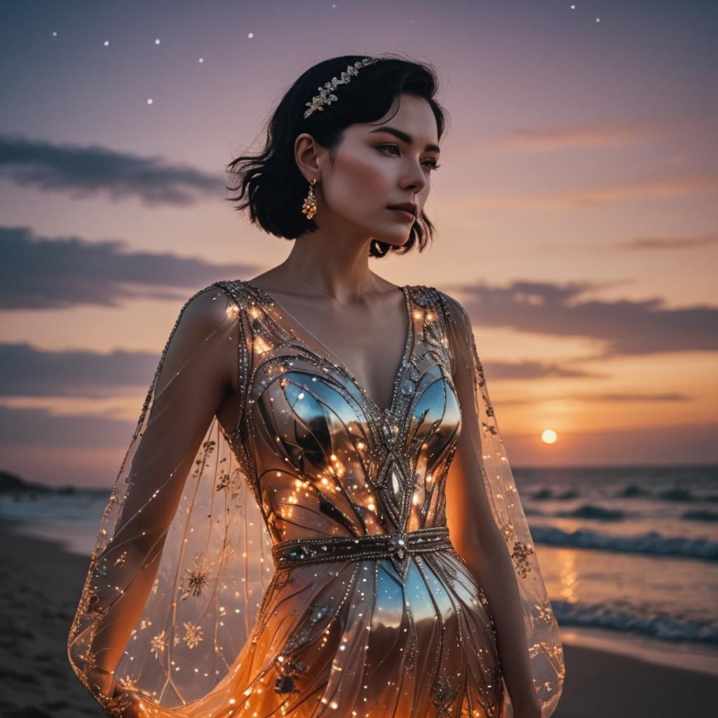 Woman in Glass Jewelry with Sunset Night Sky