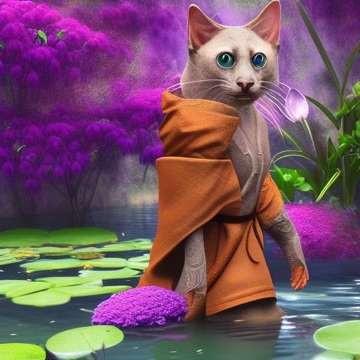 Mystical Cat Monk in Pond: Photorealistic Concept Art