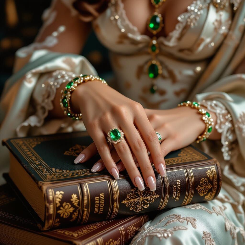 Elegant Hand with Emerald Ring in Art Nouveau Style