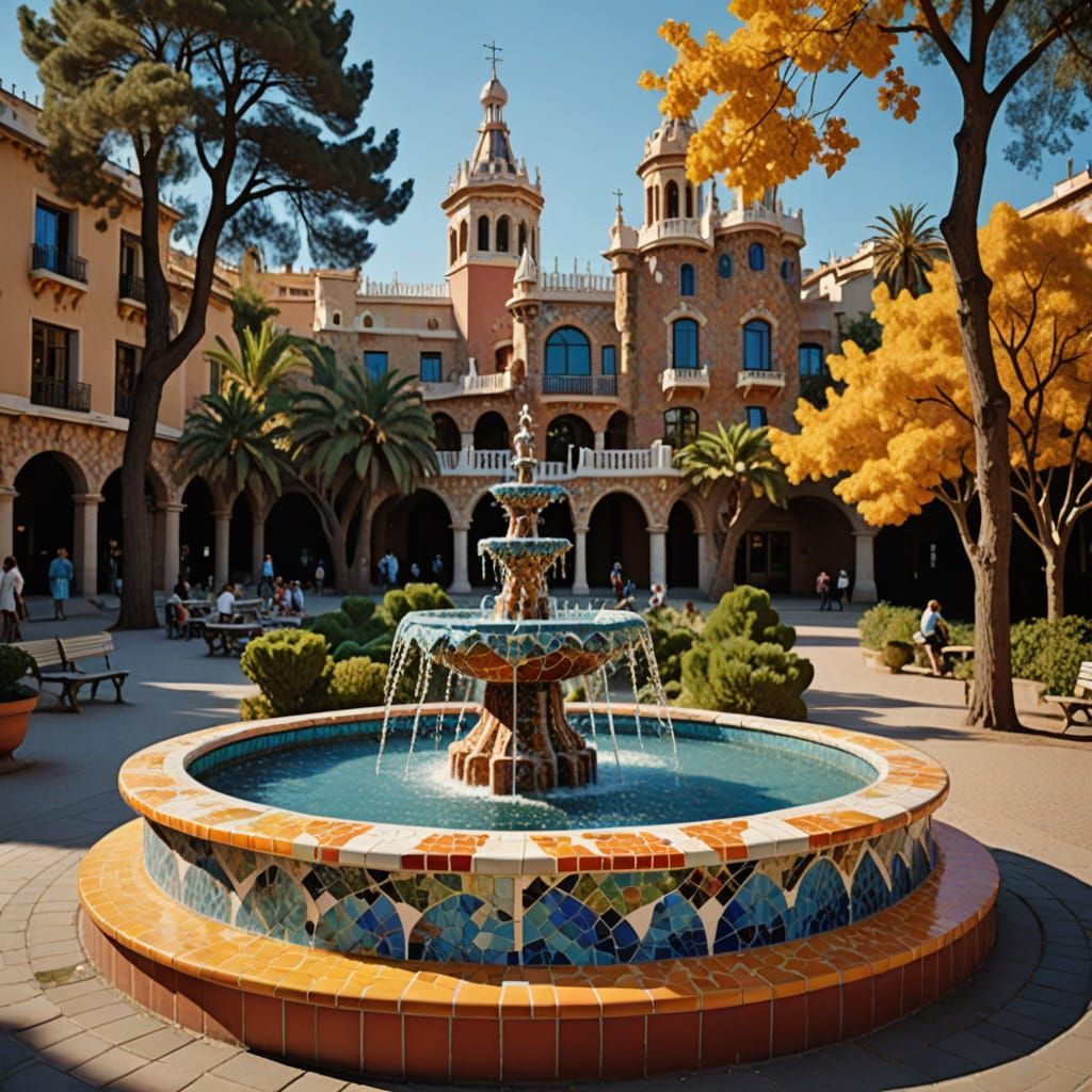 Gaudí Mosaic Fountain with Couple in Park Güell