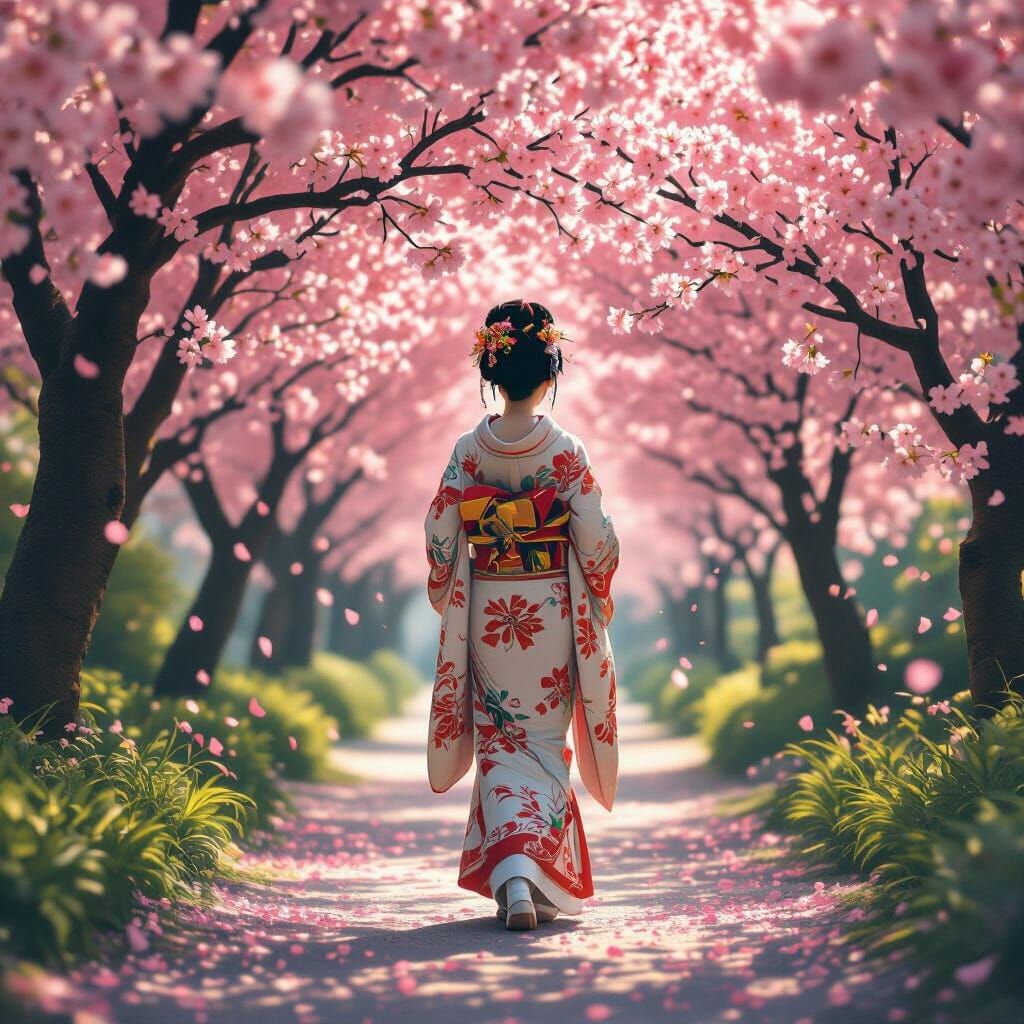 Japanese Princess in Cherry Blossom Grove, Cinematic Style