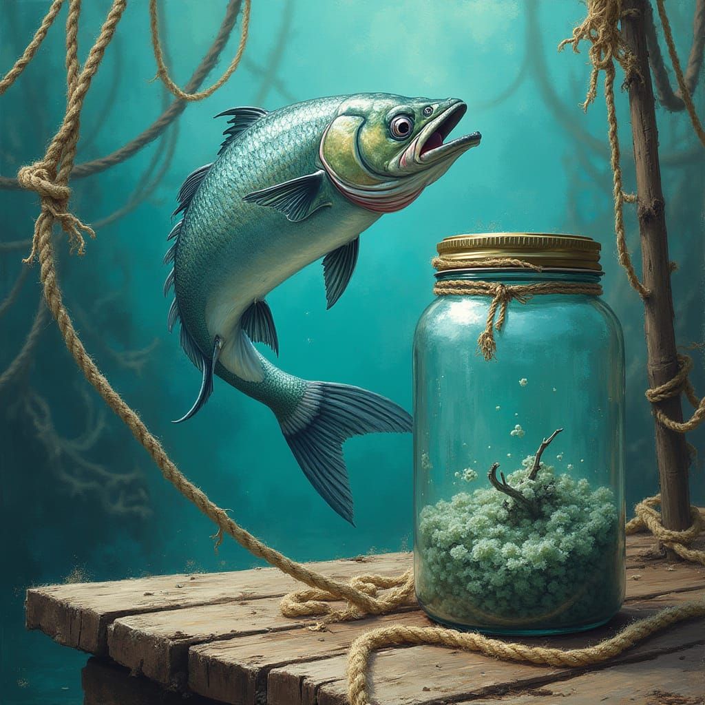 Majestic Fish Leaps from Glass Jar in Dreamlike Dock Scene