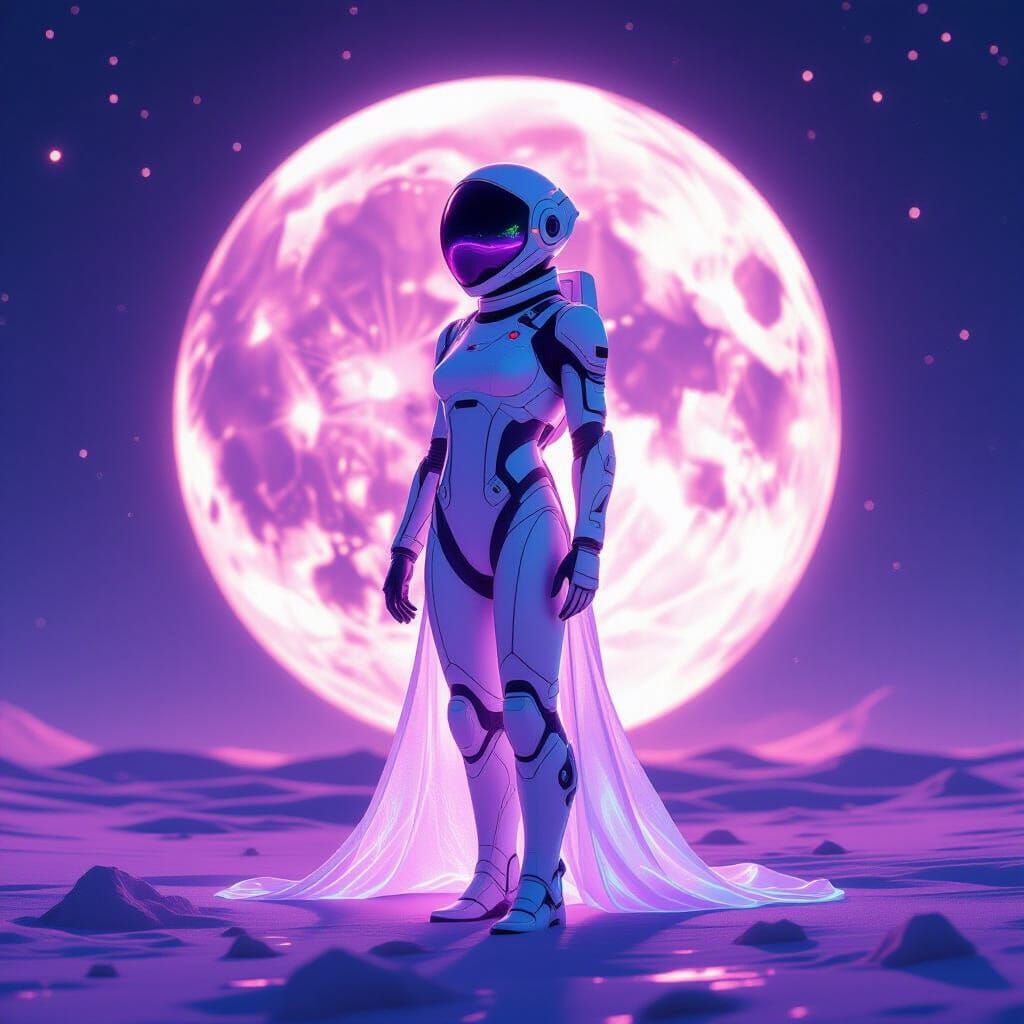 Humanoid AI on Amethyst Moon with Ethereal Glow