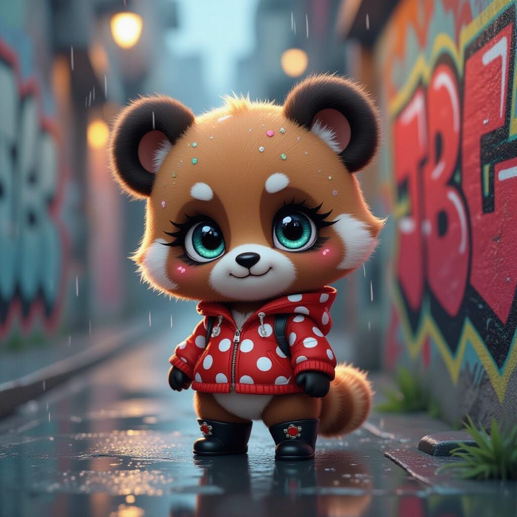 Chibi Panda in Rainy City Oil Painting with Foil Accents