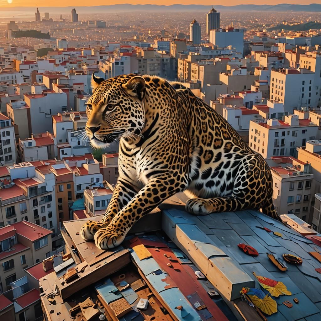 Leopard on Barcelona Roof at Sunrise